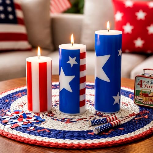 MTLEE 3 Pcs 4th of July Patriotic Candles Blue White Red Pillar Candles Flag American Stripe Home Decorations for 250th Anniversary Veterans Memorial Day Holiday Festival Table, 3 Size