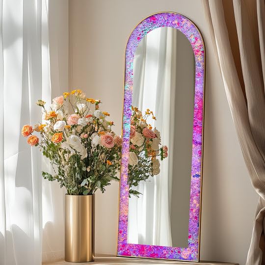 Cosmic Bloom - Specchio da pavimento astratto a lunghezza intera, 50 x 160 cm, specchio da pavimento colorato con cornice nera