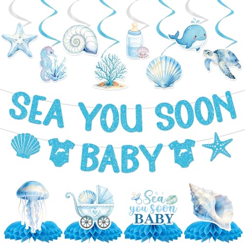 Image of Under The Sea Party Decorations - 14 Pcs Sea You Soon Baby Shower Banner Hanging Swirls Honeycomb Decorations, Blue Summer Ocean Seashell Theme Decor Supplies for Boys Girls
