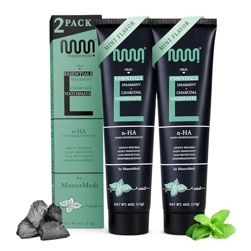 MasterMedi Nano Hydroxyapatite Whitening Toothpaste with Xylitol, Charcoal & Spearmint – Fluoride & SLS Free, Remineralizing Formula for Sensitive Teeth, Enamel Repair, 4 oz (Pack of 2)