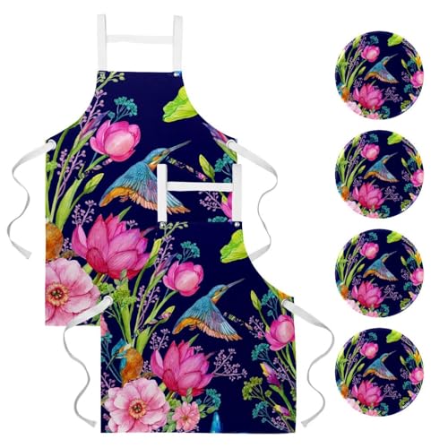 Tablier de cuisine lot de 2 imprimé oiseaux en fleurs multicolore taille unique