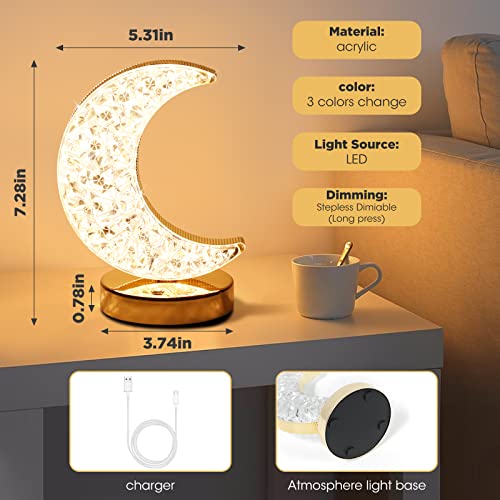 Supbri Crystal Moon Table Lamp, Touch Control Table Lamp For Bedroom With 3 Colors Changing, Stepless Dimmable Nightstand Lamp For Living Room Ramadan Decorations #TOP1