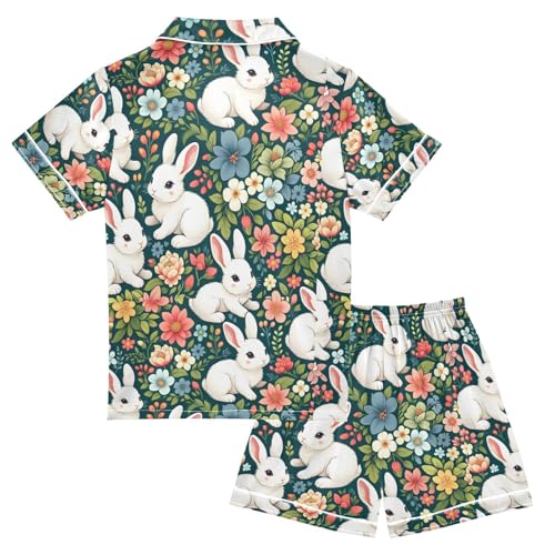 ALAZA Cute White Rabbit Floral Pajamas Satin Pajama Set Short Sleeve Button Down Sleepwear2