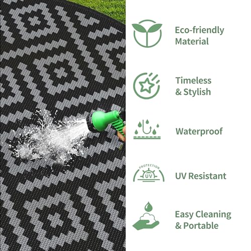 Image of GENIMO Outdoor Rug, Waterproof Plastic Rugs for Patio, 10' Round Black Grey