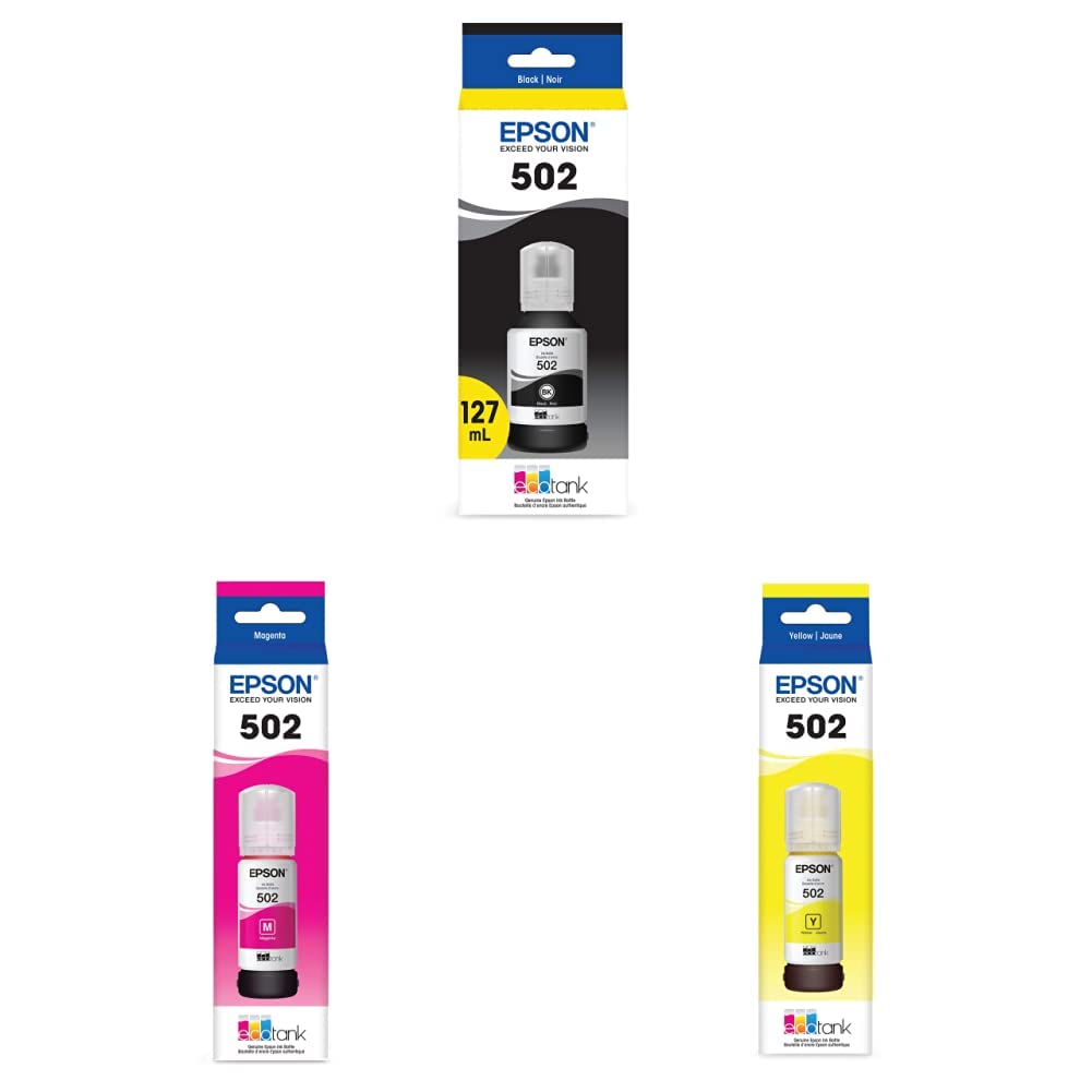 Epson T502 EcoTank Ink Ultra-high Capacity Bottle Black (T502120-S) T502 EcoTank Ink Ultra-high Capacity Bottle Magenta (T502320-S) T502 EcoTank Ink Ultra