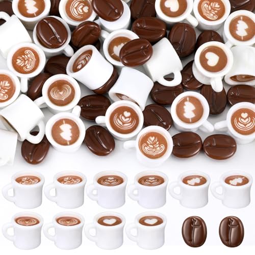 Soaoo 100 Pcs Coffee Cups and Beans Mini Resin Figurine Miniature Statues Things Mini Coffee Mug Drink Charms for DIY Jewelry Necklace Earring Bracelet Keychain Craft Decor