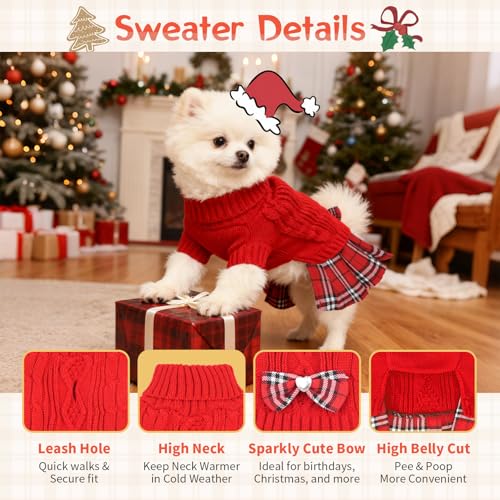 Image of Girl Dog Sweater Dress with Plaid Skirt Turtleneck Pullover Sweaters Warm Knitted Dog Clothes for Birthday New Year Thanksgiving Photo (Red, L)