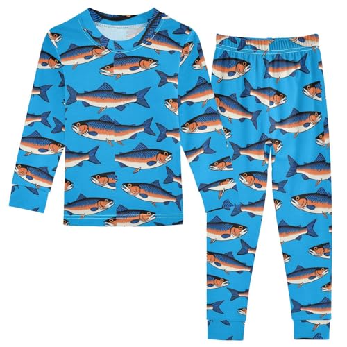 Pajama Sets Long Sleeve Fish Pattern on Blue Soft Comfy Sleepwear 2 Piece PJS 3-8T