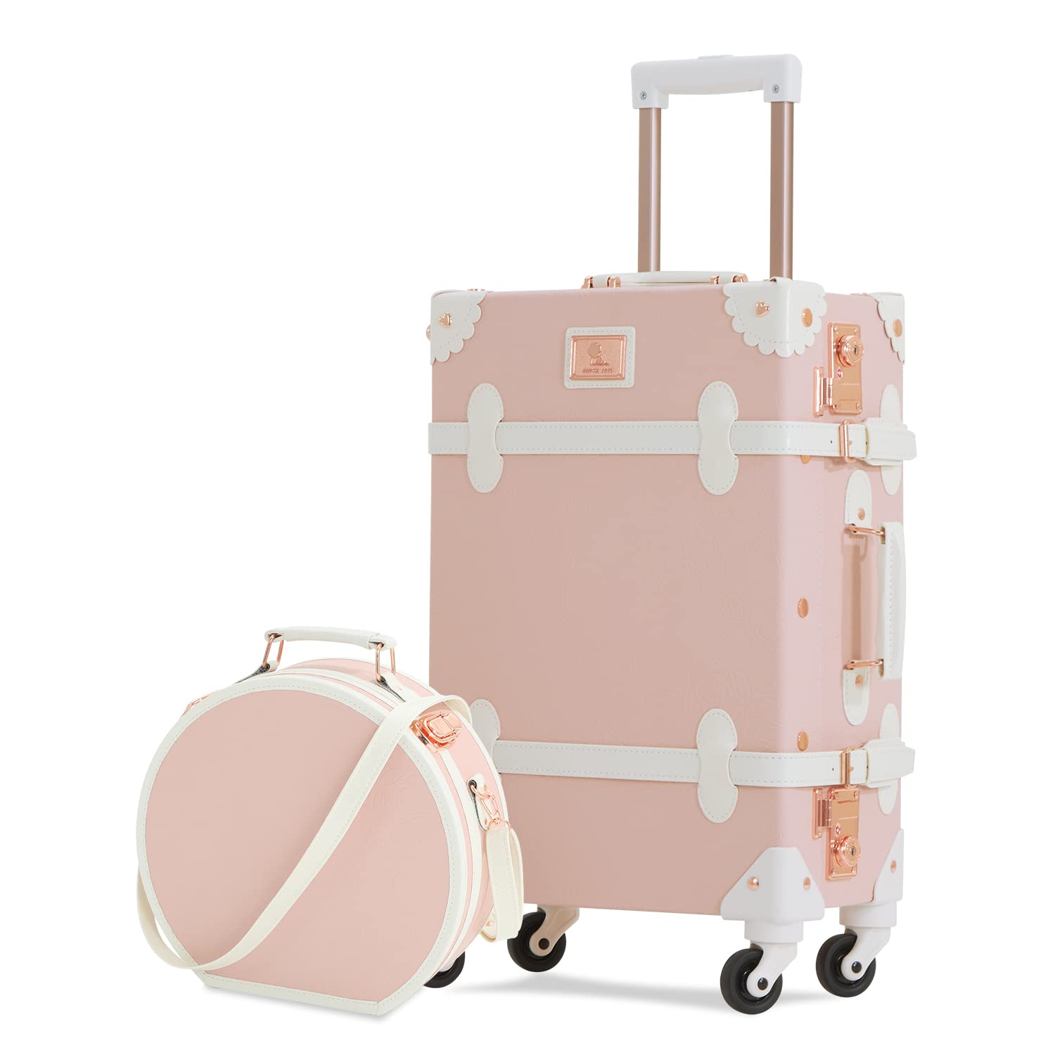 79982 Piece Women Vintage Luggage Set with Hat Box, embossed pink, 20in + 12in