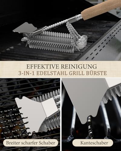 Grillbürste (2 Stück), Grill Reinigungsbürste mit Holzgriff, 39cm Grillbürste mit Edelstahl Schaber, dichte Edelstahlborsten, Dreieckig 360° Grill Drahtbürste Grillzubehör