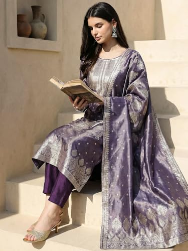 Image of INDO ERA Women's Purple Silk Blend Woven Design Straight Kurta and Pant with Dupatta Set (IESTR5599)