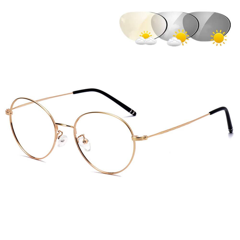 CAOXN Transition Photochromic Reading Glasses for Women Men Retro Metal Frame Sun Readers UV400 Anti Glare Resin Lens with Diopters,Gold,+1.00