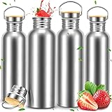 CHENGU 4 Pieces Stainless Steel Water Bottle Single Wall Metal Water Bottle Large Camping Water Bottle with Handle and Bamboo Lid Leak Proof Lightweight Sports Water Bottle (32 oz)
