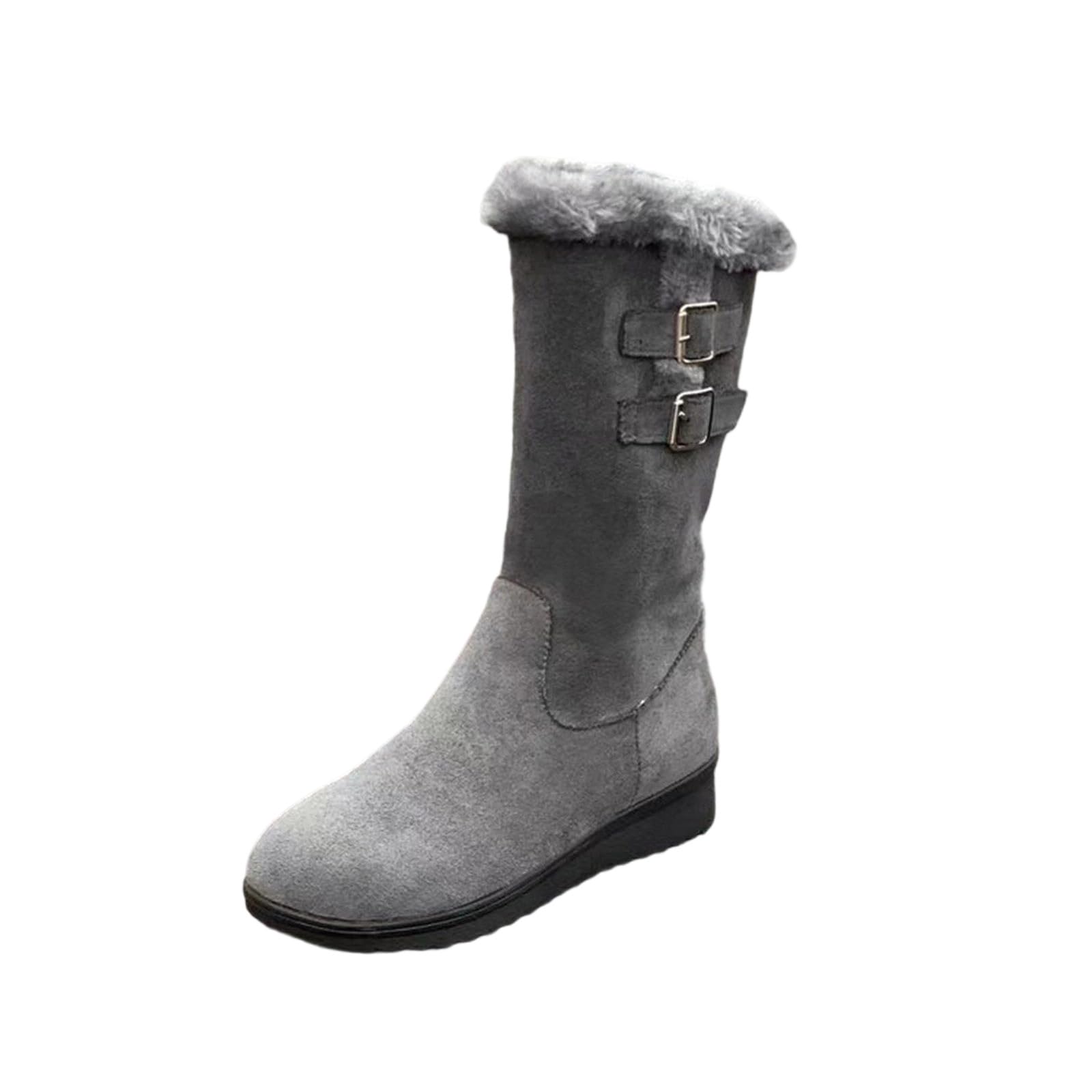 Womens Mid Length Boots Suede Snow Boots Metal Buckle Furry Wedges Booties Outdoor Thick Insulation Warm Plus Fleece
