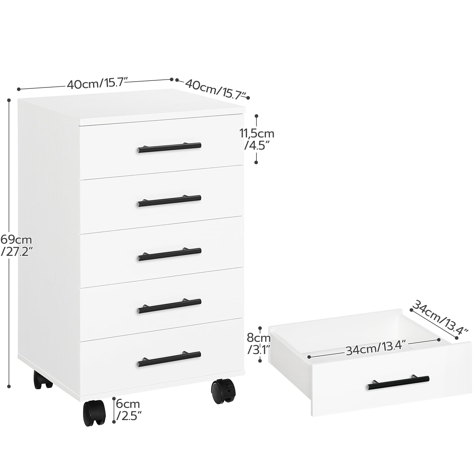 HOOBRO Schedario da Ufficio, Armadietto Portadocumenti, Mobile d'Ufficio a 5 Cassetti, Rotelle Girevoli, Stabile, Bianco EWT05WJ01