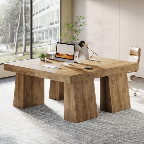 Image of Tribesigns 55-Inch Executive Desk, Thick Wood Office Computer Desk with Double Pedestal, Modern Minimalist Workstations Writing Table Conference Table Furniture for Home Office, Brown