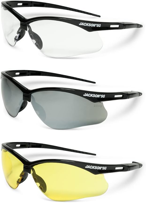 SG Safety Glasses - Eye Protection for Men & Women - Anti-Scratch Lens with Black Frame - ANSI Z87.1 - Pack of 3 (Multiple Styles)