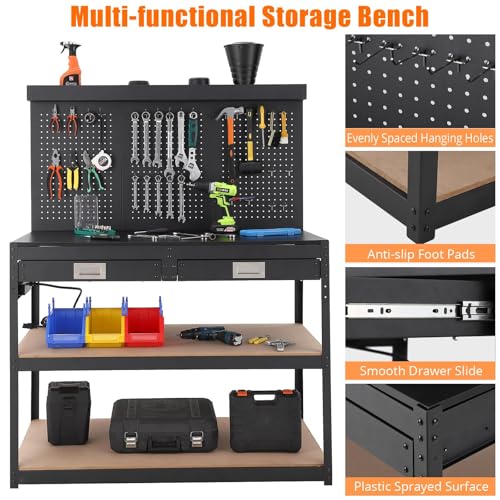 Work Bench 48" Adjustable Height,3-Tier Heavy-Duty Portable Workbench with Power Outlets and Drawer for Garage & Workshop, 880 LBS Load Capacity, Work Table for Office, Home, Easy Assembly