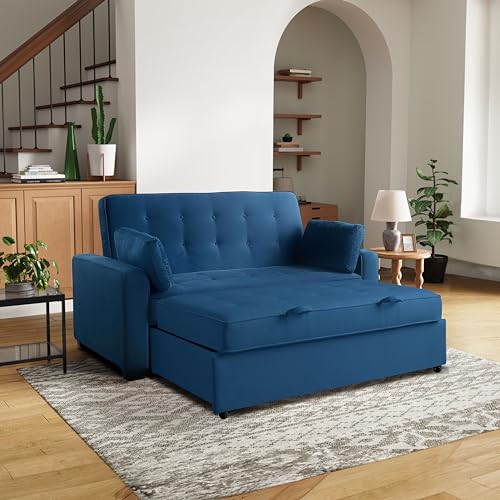 Image of Serta Ainsley 72.6 inch Convertible Sleeper Sofa, Queen Size, Dreamcoil Comfort, Soft Velvet Fabric, Navy