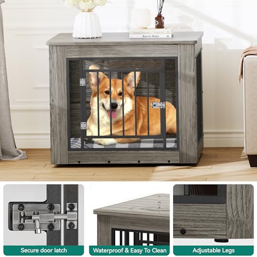 YITAHOME Dog Crate Furniture for Medium Dogs, Side End Table, Modern Dogs Kennel Indoor up to 35 lb, 2-in-1 Iron-Wood Fusion Dog Cage with Waterproof Top, Safety Corners,Steel Lock,30" L,Greige - Image 4