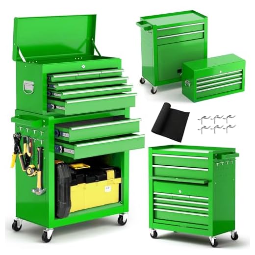 Dawmilon Tool Chest, 8-Drawer Rolling Tool Storage Cabinet with Wheels, Detachable Top Tool Box, and Locking Mechanism, Metal Tool Cart with Liner and 6 Hooks for Garage, Workshop, Green