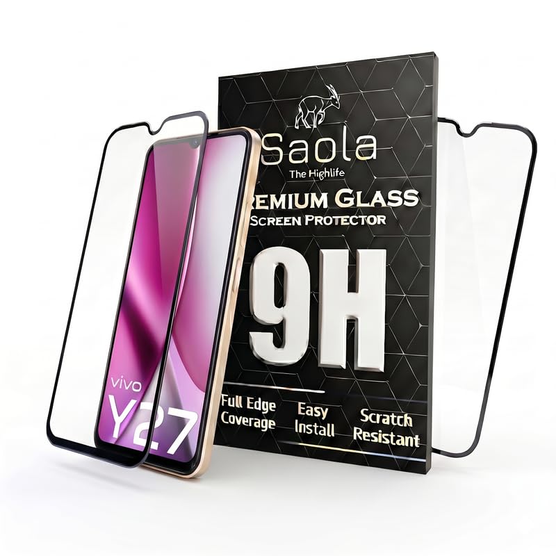 Image of Saola HD Clear Tempered Glass for Vivo Y27 | High Strength 9H Protection, Smooth Touch, Full Coverage Screen Guard, 2-Step Installation Kit | Quick & Easy Application (Pack of 2)