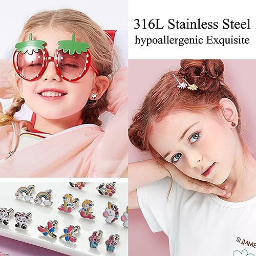FASACCO 10Pairs Hypoallergenic Screw Back Earrings for Women Girls Stainless Steel CZ Heart Butterfly Ball Stud Earrings Multicolored Cat Rainbow Screwback Stud Earrings Set Over 3 Years Old2