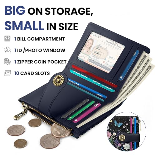 Image of Small Wallet for Women, RFID Blocking Bifold Card Holder Wallet with 10 Card Slots, Cash Compartment, Zipper Coin Pocket & ID Window, Cute Soft Vegan Leather Compact Wallet, Celestial