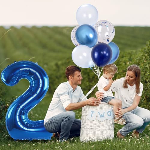 Image of Foil Number Balloons - 2nd Birthday, Pastel Helium Balloons, 40 inch, Navy, Dark Blue, Silver Confetti, Self Inflating, Big Two, Boys' Birthday Party Decor