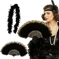 YceLon Federboa Schwarz, Schwarze Federboa mit Federfächer,Bühnenauftritte und 20er Jahre Partys, Flauschige Truthahnfedern Boa Für Karneval, Tanzen,Elegantes Accessoire für Damen