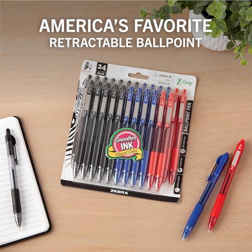 Image of Zebra Pen Z-Grip Retractable Ballpoint Pen, Black, Blue, Red, 1.0mm, 24-Pk