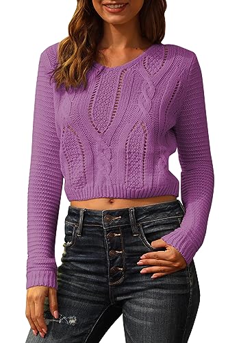 Image of PrettyGuide Women's Sweater Long Sleeve Eyelet Cable Lace Up Crop Top