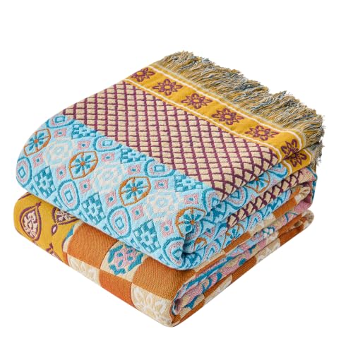Image of VANJOROY King Boho Throw Blanket, 100% Organic Cotton Breathable Skin-Friendly Ultra Soft 91 inch x 98 inch Bed Quilt Patchwork Throw - Floral Rustic Luxury Reversible Blanket for Sofa Couch Chair and Gift