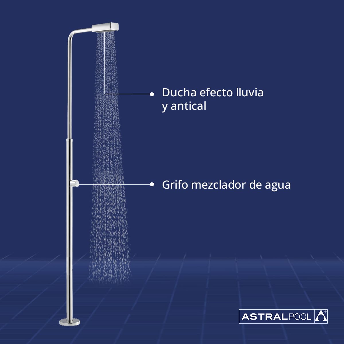 Ducha Angel - para Piscina y Jardín - Cabeza de Ducha de Acero Inoxidable y ABS Antical - Anclaje Incorporado - Altura de 2 metros - AstralPool