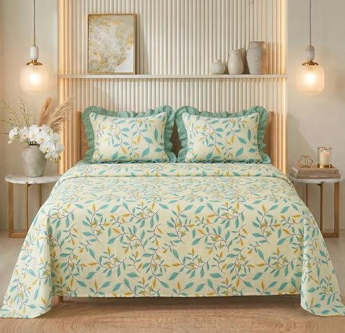 Image of BSB HOME Frill Bedsheet Set with 2 Pillow Covers - Ultra Soft Breathable Cotton Feel Fabric, Lightweight Skin-Friendly Double Bed Sheet for All Season Comfort - 228 x 254 cm (Sage Green)