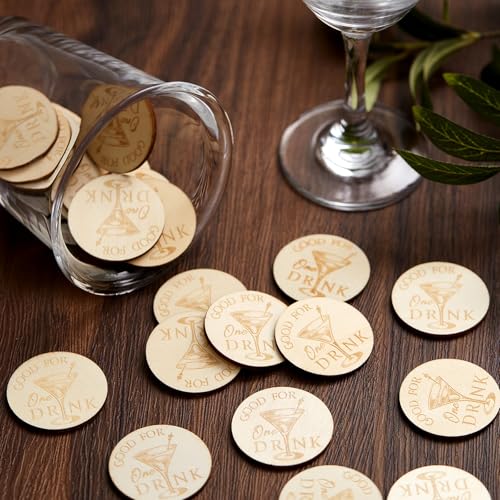 Image of Marsui 100 Pcs Wooden Drink Tokens Bulk for Wedding Personalised Drink Tickets Poker Chips for Guest Wedding Favours Beverage Birthday Parties Bar Table Decoration Supplies (Cocktail Cup Pattern)