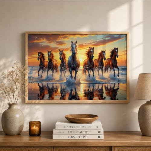 Image of Suneree 7 Horse Vastu Wall Painting (Landscape Collection) (Natural, Design 06, 13x19 Inch)