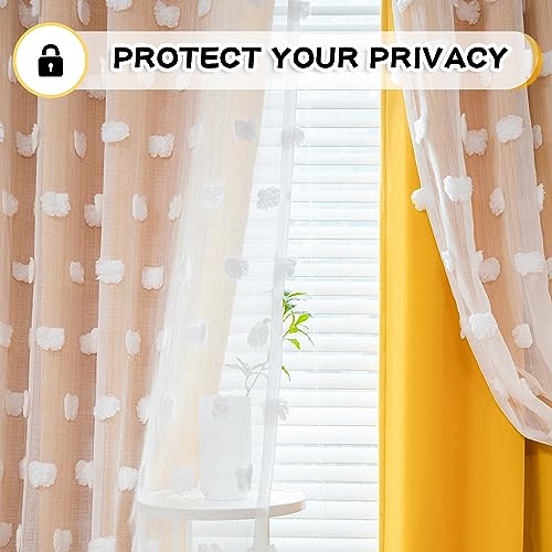 Image of MYSKY HOME Nursery Curtains Yellow Double Layer Curtains for Bedroom 63 Inch Long Curtains for Kids Room Kithen White Pom Pom Sheer Grommet Room Darkening Window Curtains 2 Panels Set, 52 x 63 Inch