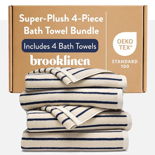 Brooklinen Super-Plush 100% Turkish Cotton Bath Towels - Set of 4-770 GSM Highly Absorbent Machine Washable Perfect Bath Towel Set for Home & Bathroom (30 x 58 Striped Abyss)