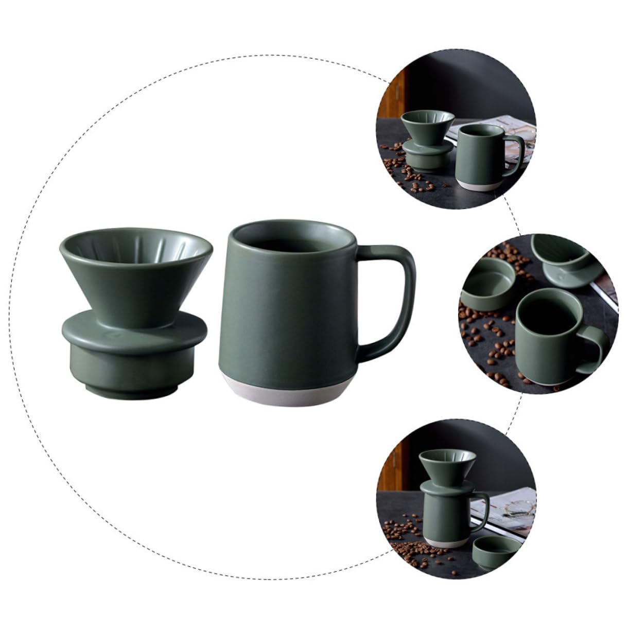 KOMBIUDA Tragbarer Keramik Kaffeefilterbecher mit Henkel und Feiner Filterfunktion Grüner Heimfilterbecher mit Einfachem Design für Zuhause