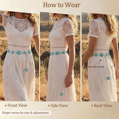 Image of Turquoise Chain Belt for Women, Western Cowgirl Concho Belt | Turquoise Concho Accents with Silver Chains for Western, Cowgirl, Rodeo, Festival and Denim Looks