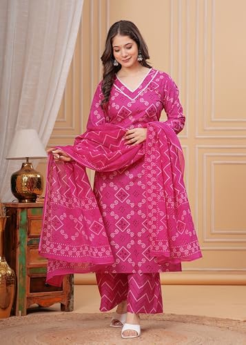 Image of MEERA FAB Women's Pure Cotton Bandhani Printed Kurta with Palazzo & Dupatta