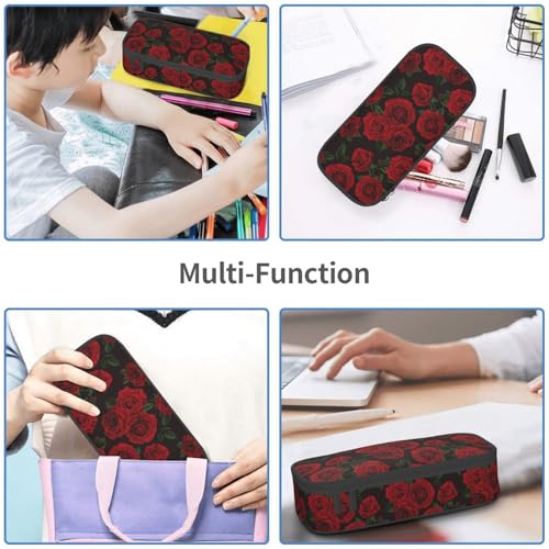 Image of Red And Black Rose Pencil Case Big Capacity Storage Pencil Pouch Stationery Bags With Zipper Portable Pen Holder Box Organizer For Boys Student College School Office Supplies