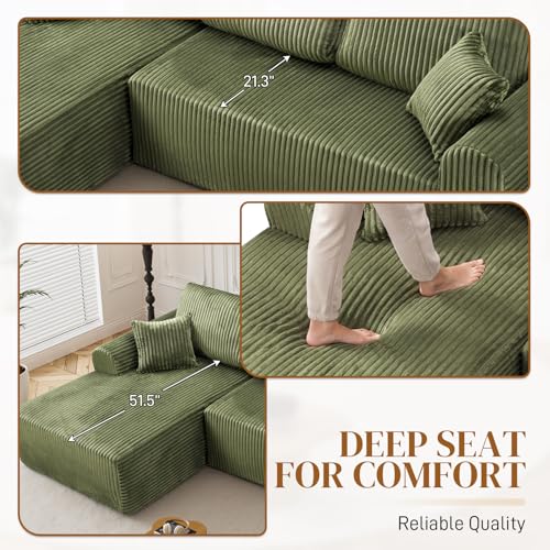 Image of 110 inch L Shaped Boneless Sectional Couches for Living Room, Comfy Corduroy Floor Cloud Sofa with Chaise, Wide Armrest, Deep Seat, Memory Foam, Assembly Free, Ideal for Small Spaces, Green