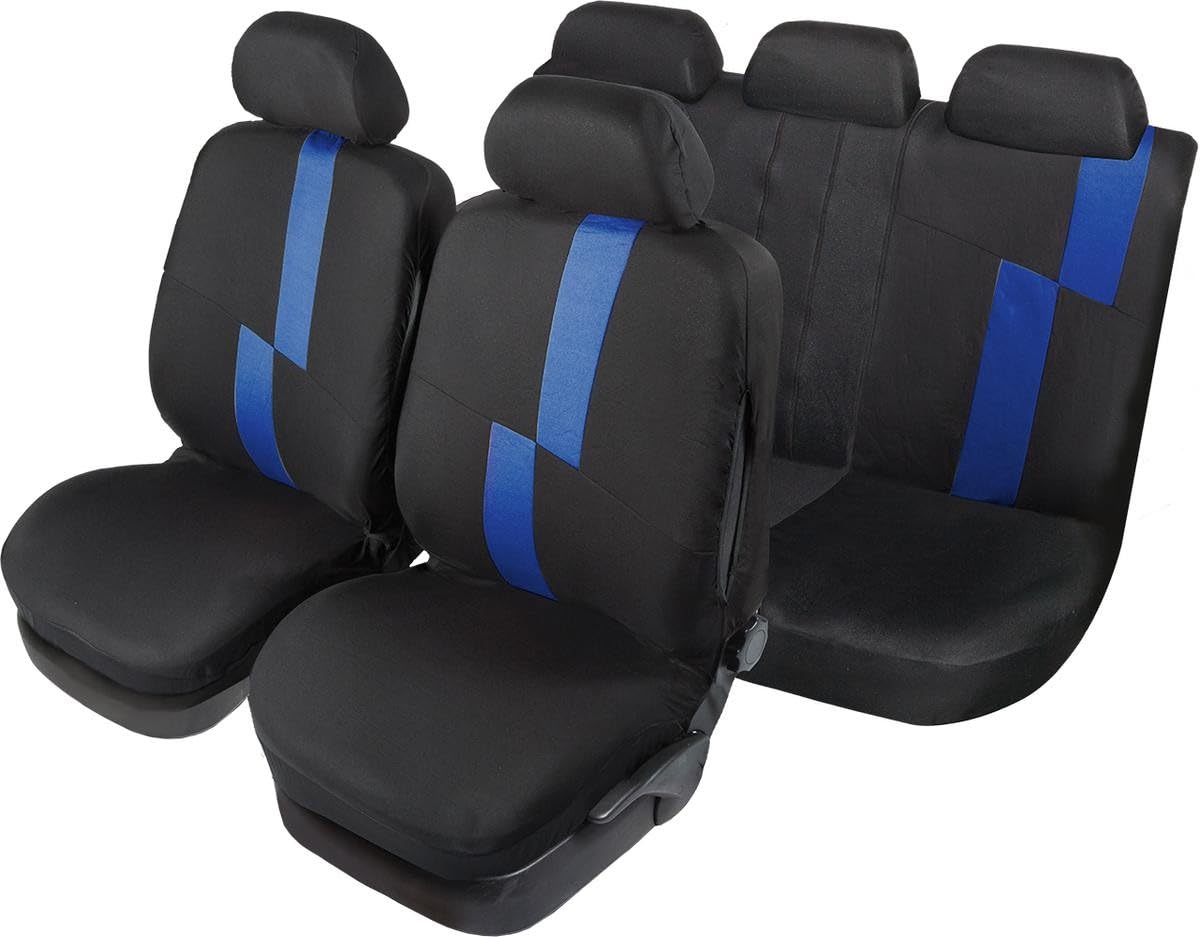 Start Set Completo Coprisedili Flash Auto Universale Airbag Poggiatesta Poliestere Protezione Comodità Nero Blu - 4