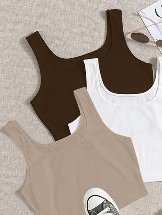 Image of Toochki Women's Knitted Sleeveless Solid Sqaure Neck Ribbed Tank & Crop Tops (Pack of 3)