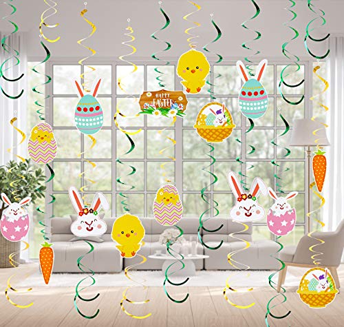 NEOFORMERS Easter Decoration Supplies, 30Pcs Hanging Swirl Easter Party Decorations, Easter Eggs and Bunny Pattern Celebration Party Accessories Ceiling Decorations