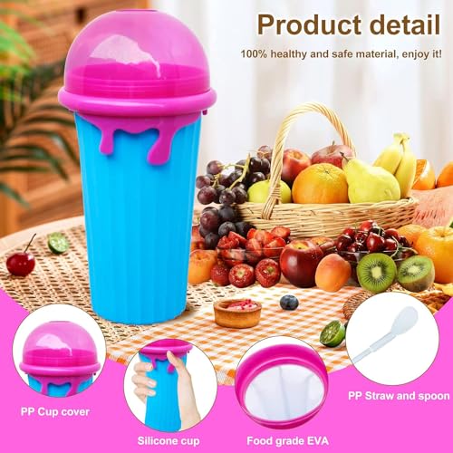 Slush Becher,2 Pcs 500ml Slushie Maker Becher,Slush Becher maker Silikon Squeeze Cup,DIY Slushy Maker Cup Gefrorene Maker Smoothie Becher Sommer-Slush Cup mit Strohhalmlöffel – Bild 4