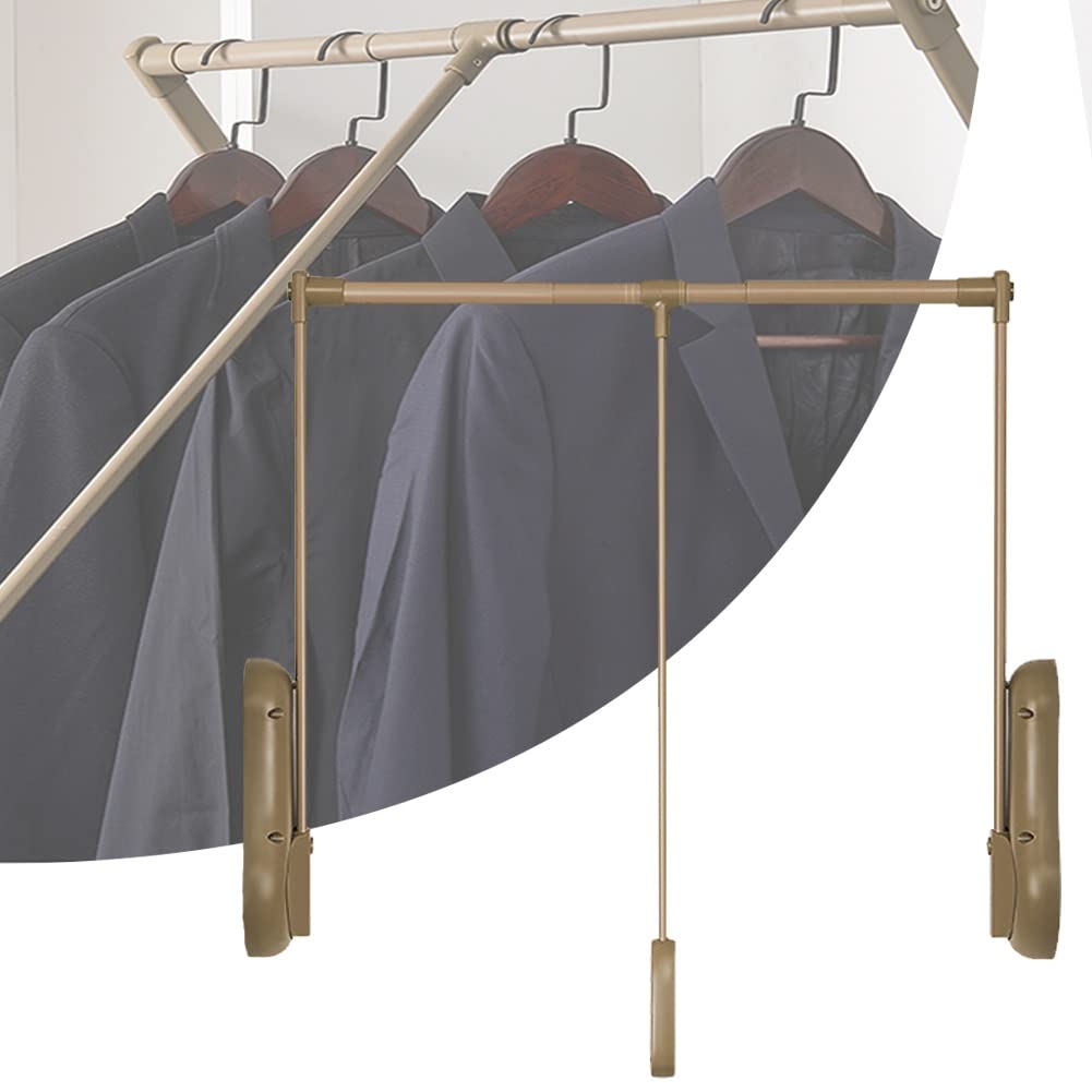 HTTGDGDH Adjustable Pull Down Closet Rod - Aluminum Storage Organizer For Wardrobes, Space-Saving Clothes Hanger System, Retractable Lift Rail,Khaki-M