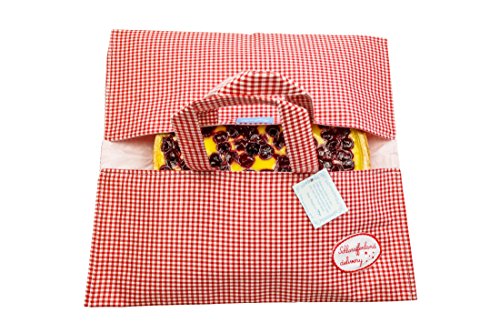 Ringelsuse Träger Kuchen Torten Transportbox Tortentasche Kuchentasche Schlaraffenland Delivery 35 x 38 cm Rot Weiß Kariert Rosafarbenes Plastik-Futter Fair Trade Cover